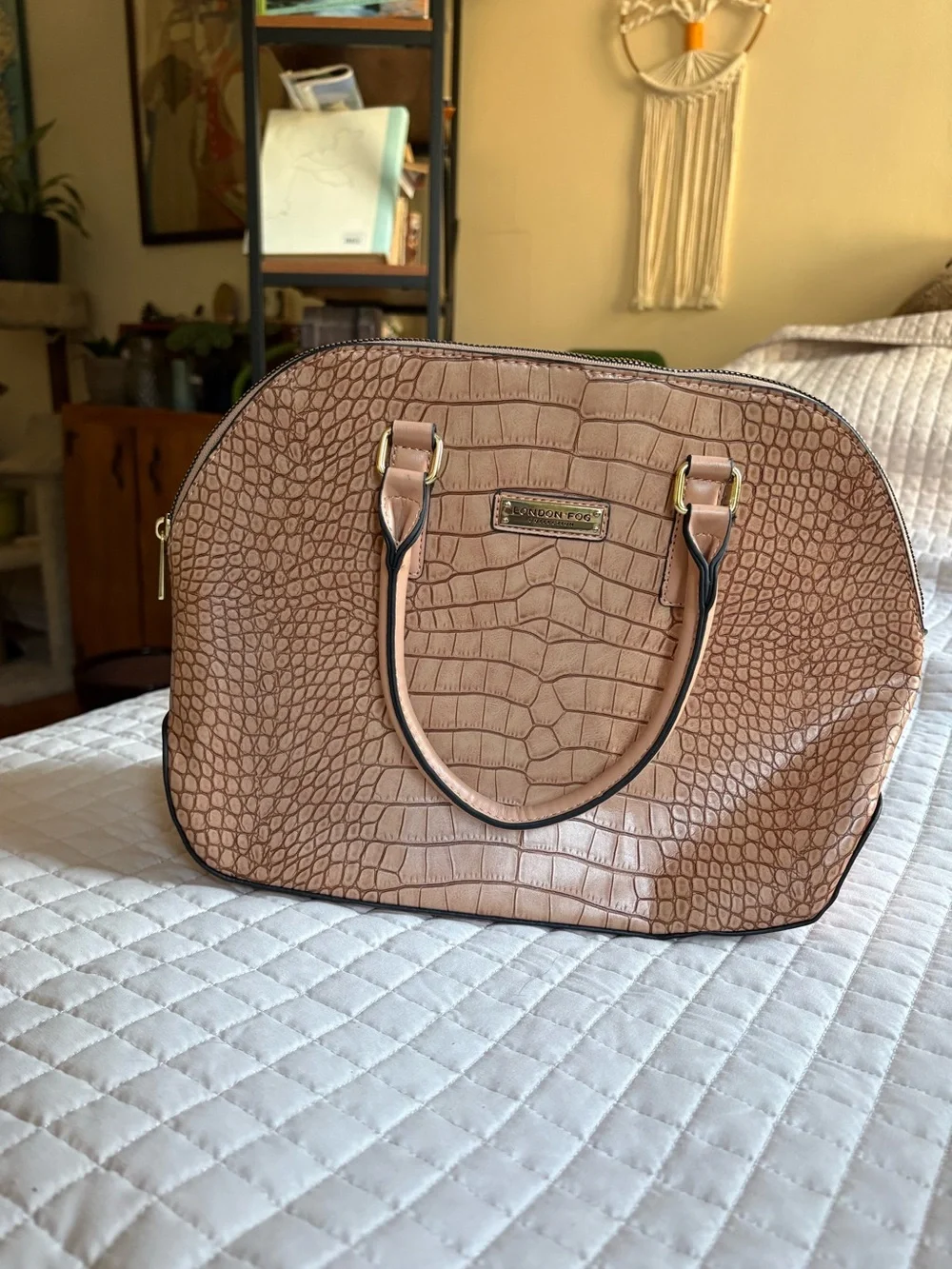 London Fog Croc-Embossed Handbag in Beige/Tan 11” Vegan Leather